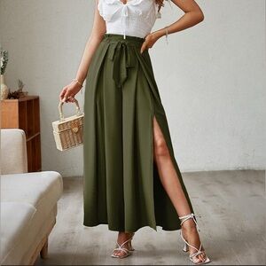 Simplee Olive Relaxed Wide Leg Pants with Front Slit and Waist Tie